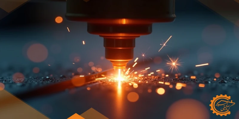 نمای نزدیک از پرتو لیزر که با دقت بالا سطح فلزی را برش می‌دهد.